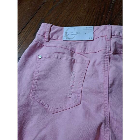 New Size 14 C Est 1946 Pink Distressed High Rise Skinny Denim Jeans with Raw Hem - Picture 11 of 12